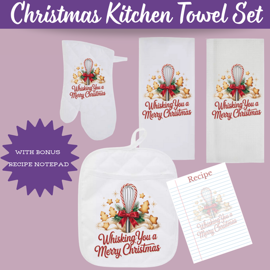 Christmas Kitchen Towel Gift Set — Bonus Recipe Notepad Included
