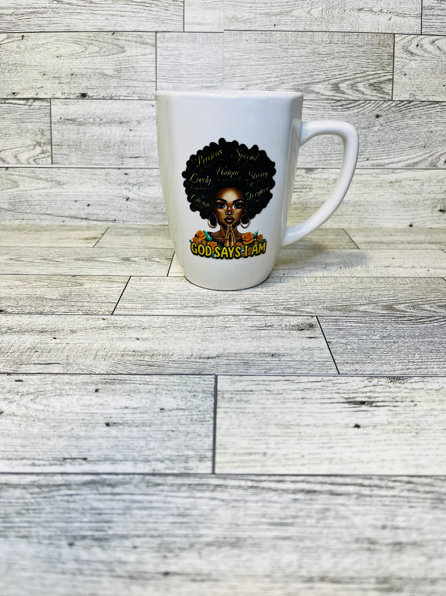 God says I am Afro affirmations 12 oz ceramic coffee mug