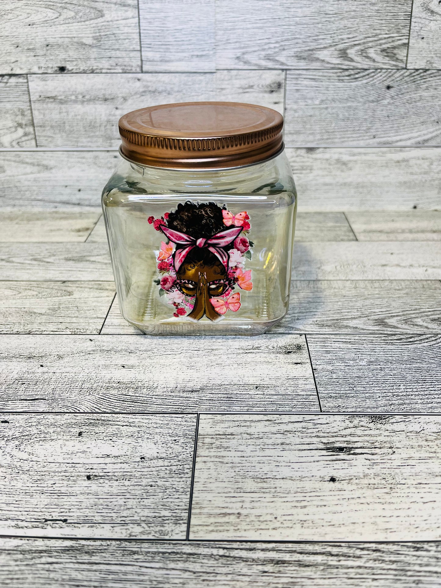 Praying woman glass jar