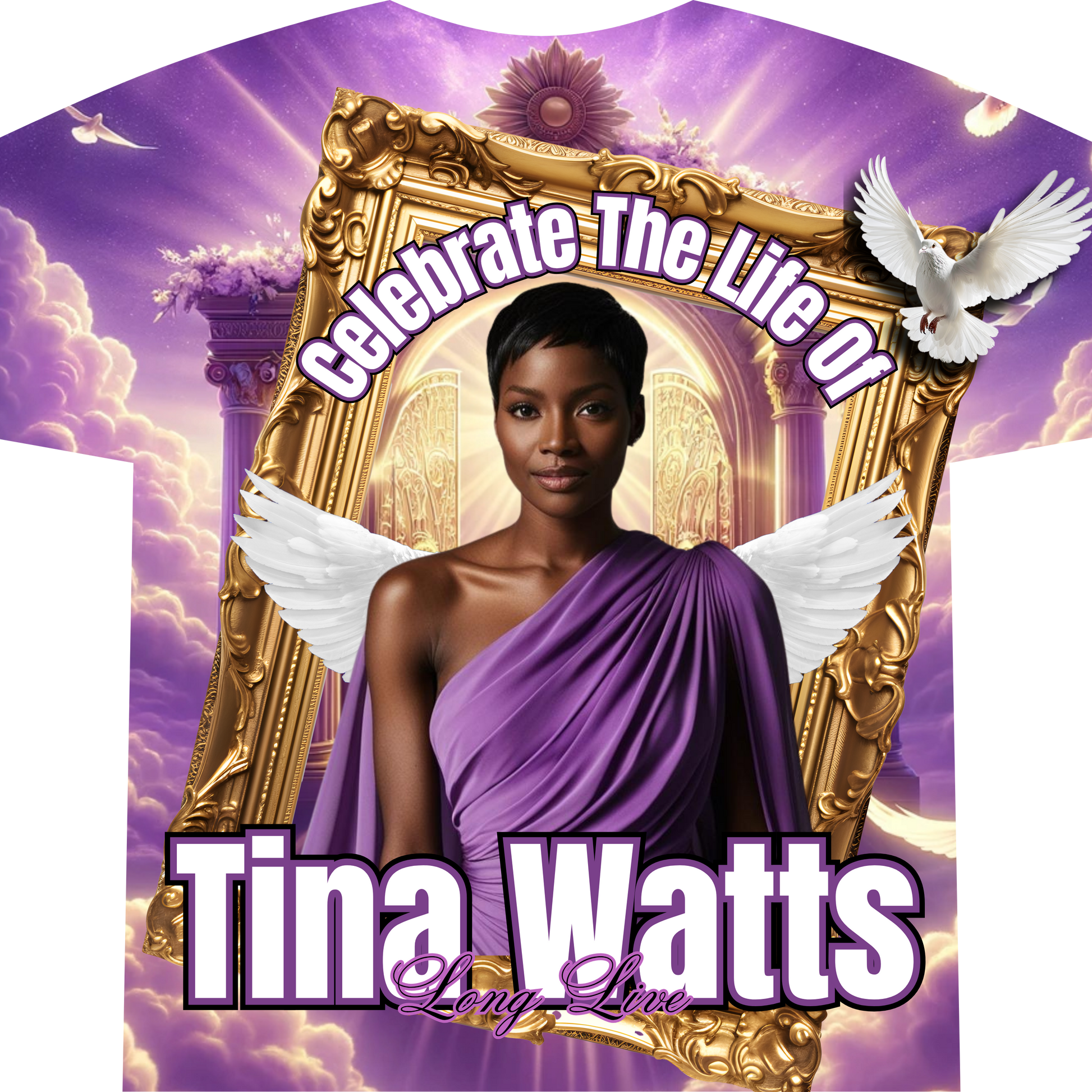 Custom all-over memorial t-shirt with full-print photo, personalized name, dates, and tribute message. Perfect for funerals, remembrance events, and celebration of life ceremonies.