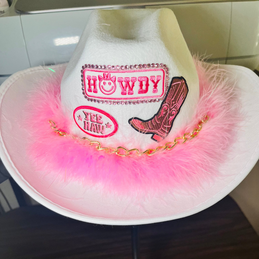 Custom glam cowgirl hat with pink feathers, rhinestones, and personalized western design – perfect for birthdays, festivals, and parties